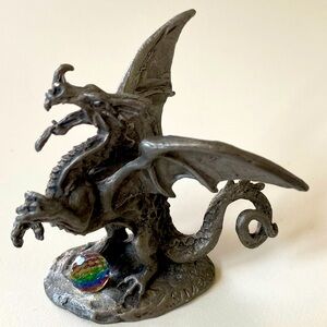 Vintage Gallo Pewter Dragon Figurine with Rainbow Crystal Orb Accent